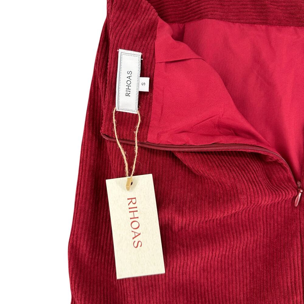 Rihoas Maroon Corduroy Midi Skirt Slit High Waist Small NWT Minimalist Casual - Picture 3 of 10
